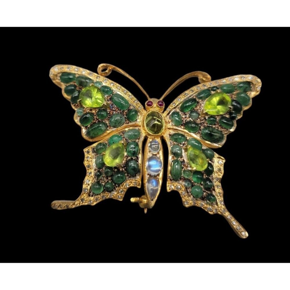 Diamond Emerald Peridot Gilded Brooch Pendant 585 Bail 24k Gold Plated Sterling